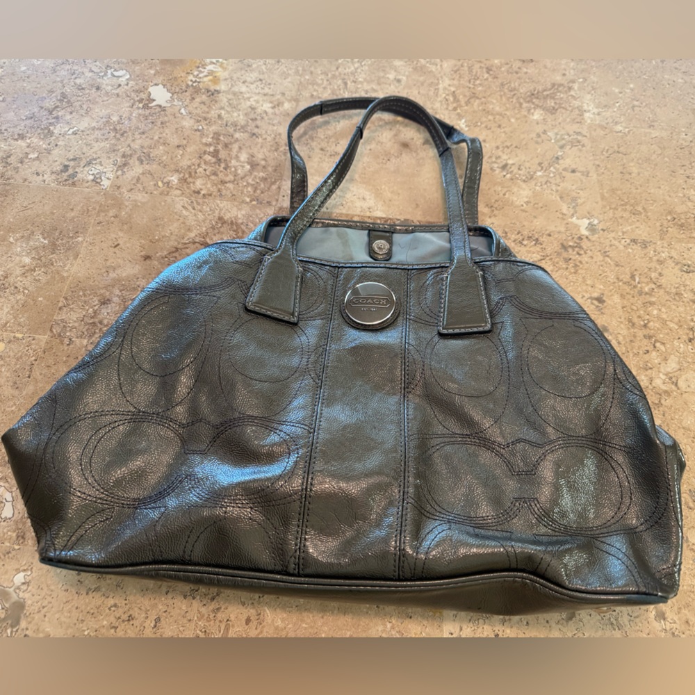 Coach Dark Leather Tote with Embossed Design